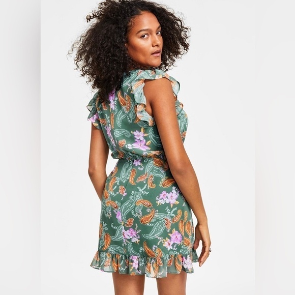 Nwt-bar III- Women's Printed V-Neck Ruffle Dress - Picture 3 of 10